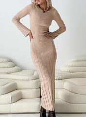 Tesha Long Sleeve Knit Maxi Dress Beige