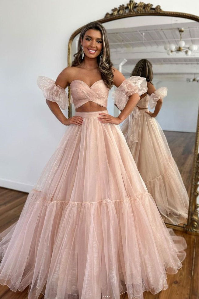 2 Pieces Sweetheart Shemmering Organza Prom Dresses, Flowy Long Prom Dresses, Newest 2024 Prom Dresses