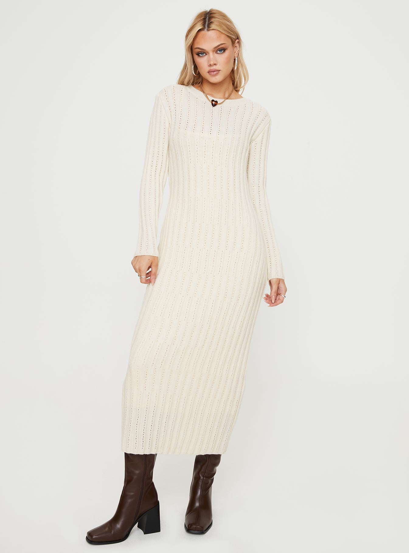 Rahne Long Sleeve Knit Maxi Dress Cream