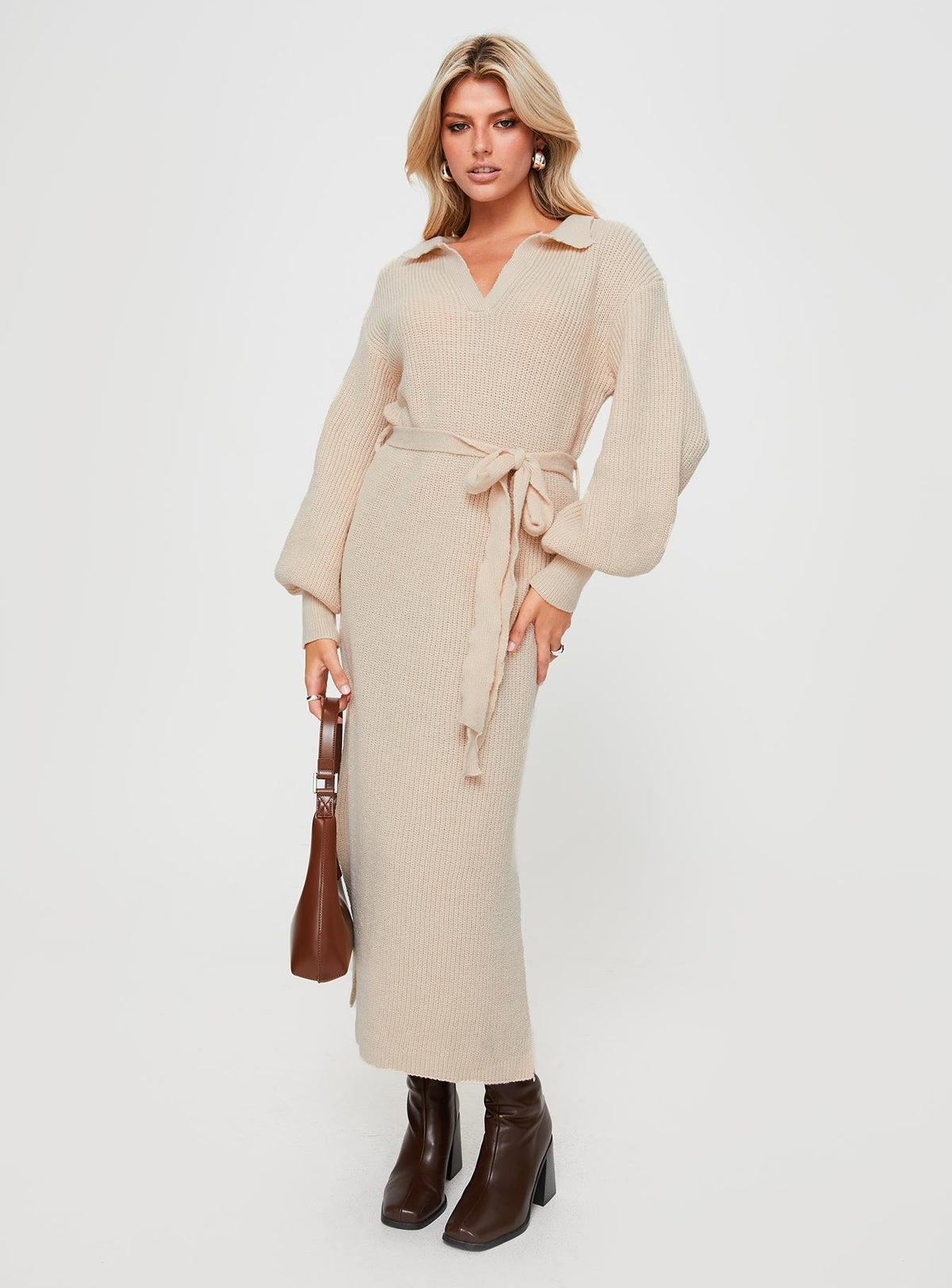 Oriel Long Sleeve Knit Maxi Dress Beige