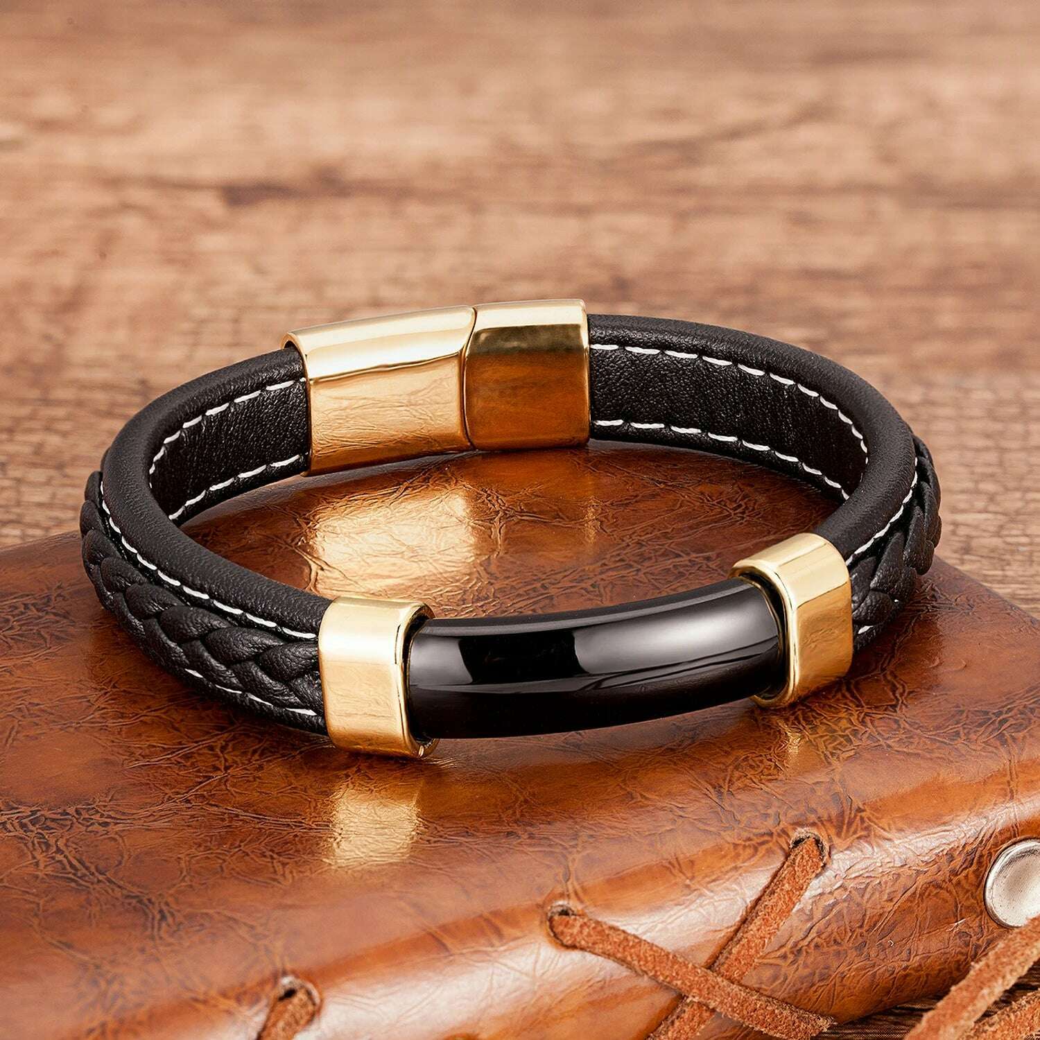 100% Natural Stone Mens Bracelet 2021 Luxury Black Genuine Leather Rope Chain Stainless Steel Magnet Clasp Male Jewelry