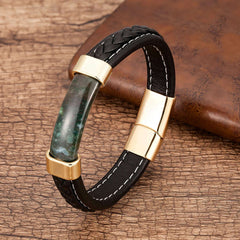 100% Natural Stone Mens Bracelet 2021 Luxury Black Genuine Leather Rope Chain Stainless Steel Magnet Clasp Male Jewelry