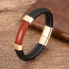 100% Natural Stone Mens Bracelet 2021 Luxury Black Genuine Leather Rope Chain Stainless Steel Magnet Clasp Male Jewelry