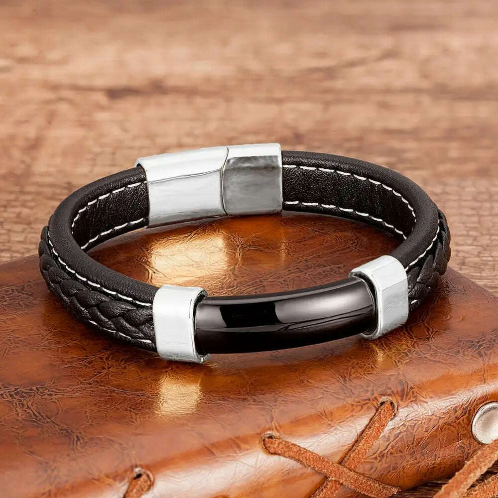 100% Natural Stone Mens Bracelet 2021 Luxury Black Genuine Leather Rope Chain Stainless Steel Magnet Clasp Male Jewelry