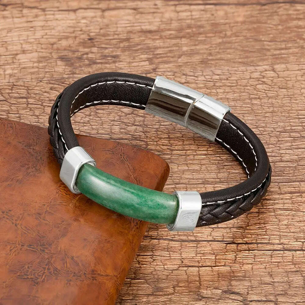 100% Natural Stone Mens Bracelet 2021 Luxury Black Genuine Leather Rope Chain Stainless Steel Magnet Clasp Male Jewelry