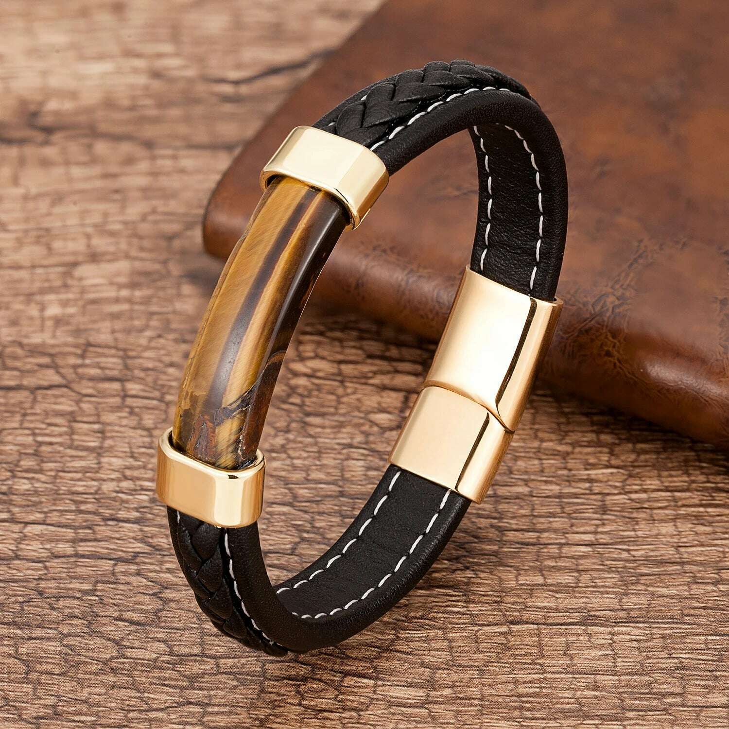 100% Natural Stone Mens Bracelet 2021 Luxury Black Genuine Leather Rope Chain Stainless Steel Magnet Clasp Male Jewelry