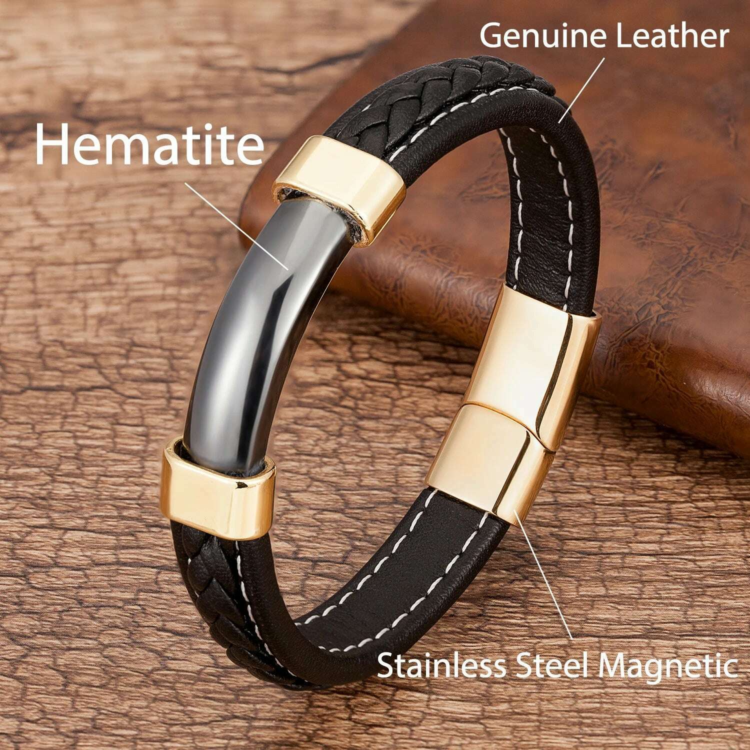 100% Natural Stone Mens Bracelet 2021 Luxury Black Genuine Leather Rope Chain Stainless Steel Magnet Clasp Male Jewelry