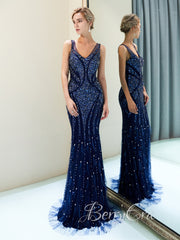 V-neck Navy Beaded Prom Dresses, Mermaid Prom Dresses, Evening Dresses, 2023 Prom Dresses, BerryEra Design Dresses