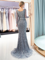 V-neck Long Sleeves Beaded Tulle Prom Dresses, Mermaid Prom Dresses, 2023 Prom Dresses, Newest Evening Dresses