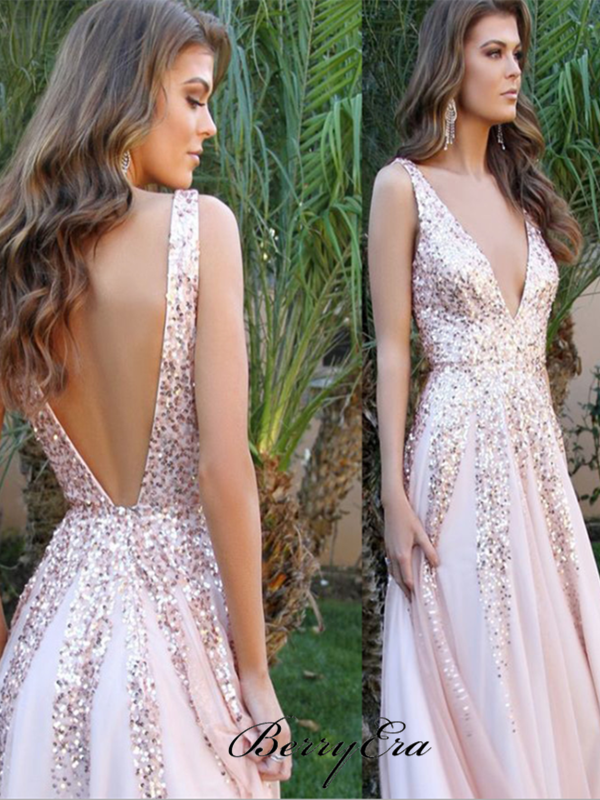 Chiffon Sequins Long Prom Dresses, 2019 Newest Prom Dresses, Cheap Prom Dresses