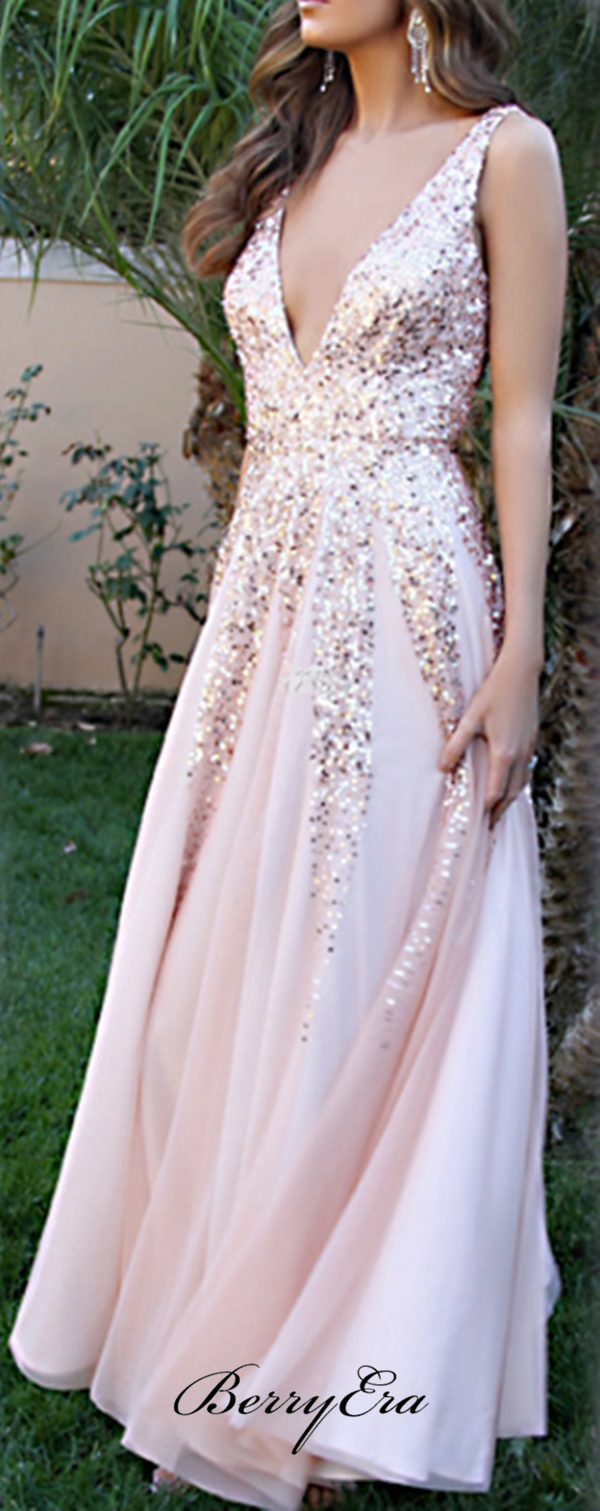 Chiffon Sequins Long Prom Dresses, 2019 Newest Prom Dresses, Cheap Prom Dresses