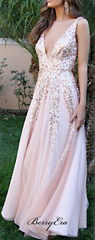 Chiffon Sequins Long Prom Dresses, 2019 Newest Prom Dresses, Cheap Prom Dresses