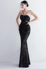 Halter Black Sequins Prom Dresses, Mermaid Sexy Evening Party Dresses, 2023 Long Prom Dresses