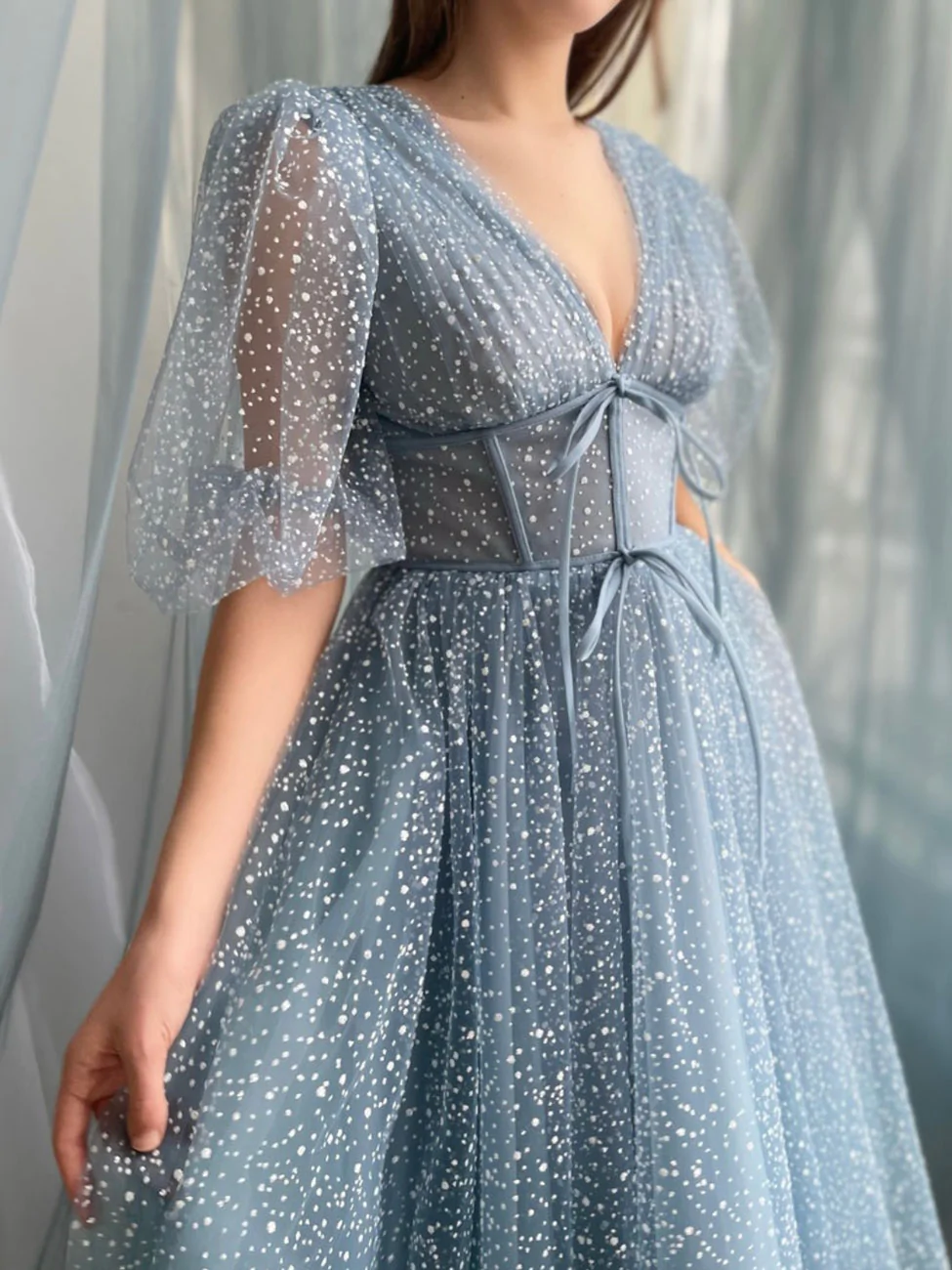 Newest A-line Gray Blue Prom Dresses, V Neck Blue Formal Cocktail Dress, 2023 Long Prom Dresses