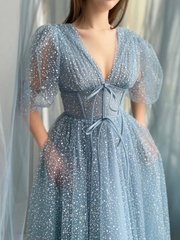 Newest A-line Gray Blue Prom Dresses, V Neck Blue Formal Cocktail Dress, 2023 Long Prom Dresses