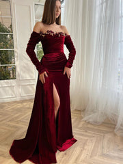 Off the Shoulder Burgundy Velvet Prom Dresses, Fitted High Slit Prom Dresses, Party Wear, Ocassion Dresses, Newest Prom Dresses