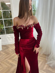 Off the Shoulder Burgundy Velvet Prom Dresses, Fitted High Slit Prom Dresses, Party Wear, Ocassion Dresses, Newest Prom Dresses