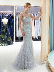 Illusion Light Grey Beaded Rhinestone Mermaid Prom Dresses, Sleeveless Newest Prom Dresses With feather, Long Prom Dresses, 2023 Prom Dresses