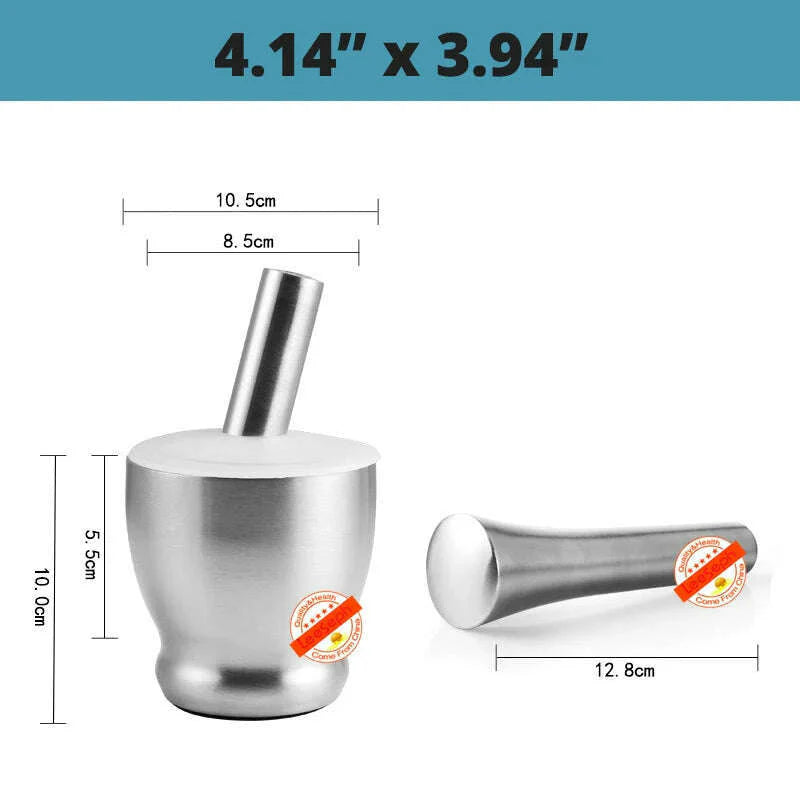 18/8 Stainless Steel Mortar and Pestle Spice Grinder with Silicone dust cover, Anti Slip Base and Comfy Grip - Dishwasher Safe