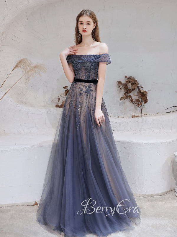 Off Shoulder A-line Navy Beaded Prom Dresses, Princess Core Dresses, Newest Prom Dresses, 2023 Prom Dresses