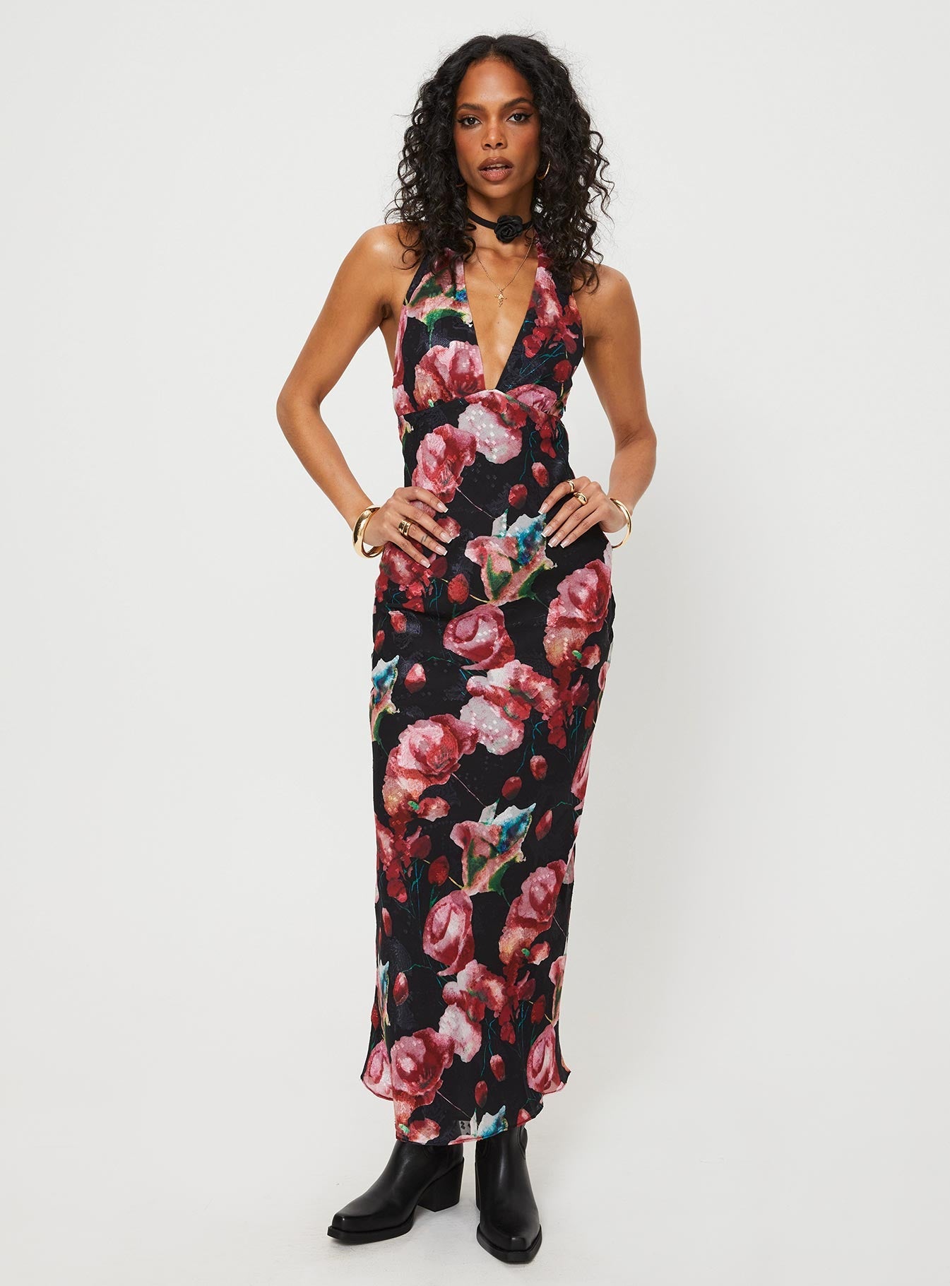 Moulin Halter Maxi Dress Black / Red Floral