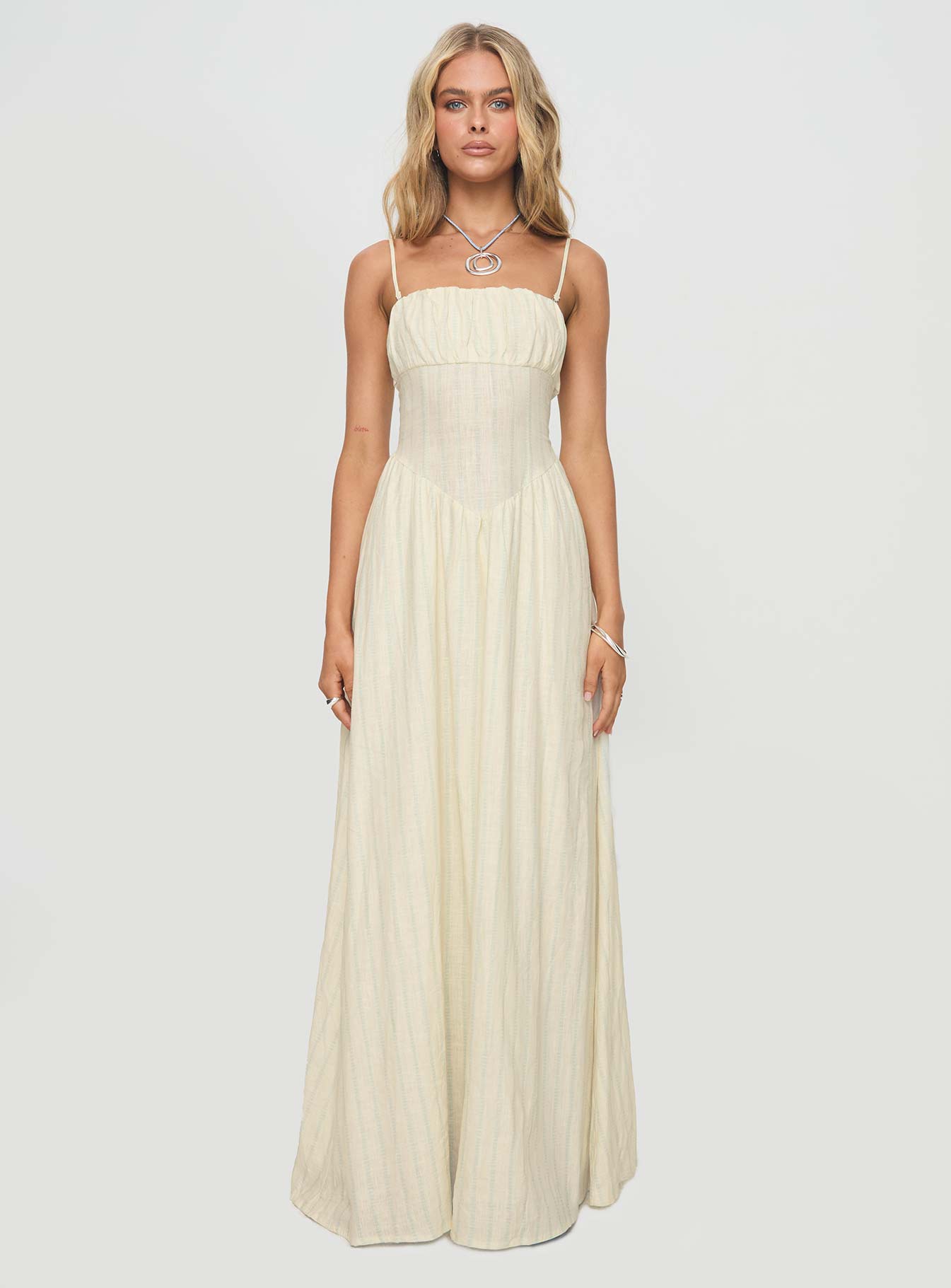 Slow Dance Linen Blend Maxi Dress Cream / Blue