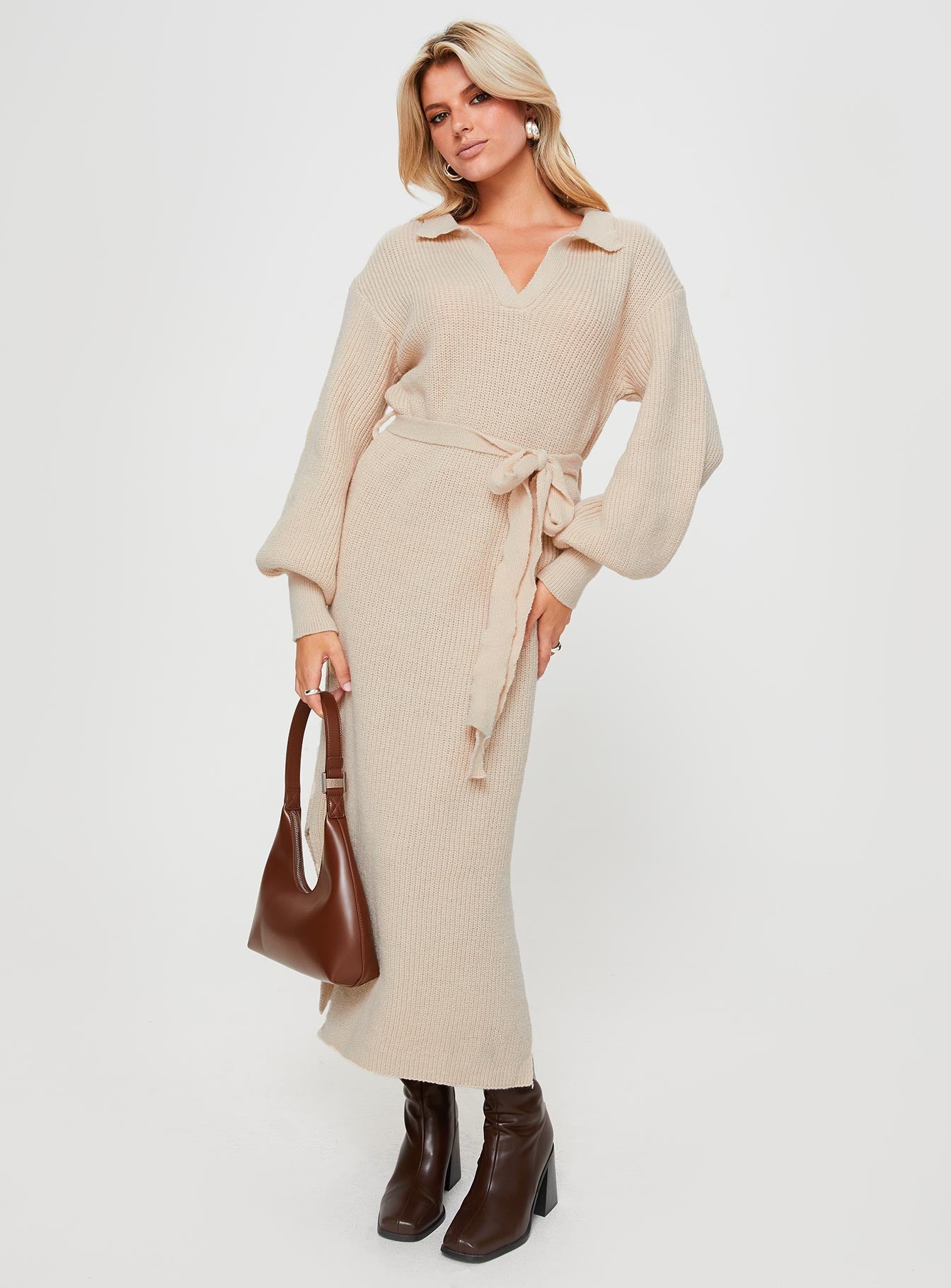 Oriel Long Sleeve Knit Maxi Dress Beige