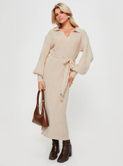 Oriel Long Sleeve Knit Maxi Dress Beige