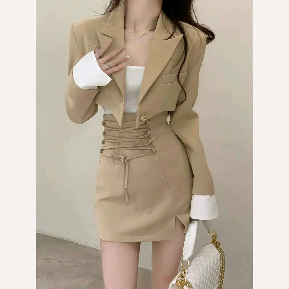 2 Piece Dress Set Women Casual Y2k Crop Tops Elegant Jacket Coats + Mini Skirts Korean Fashion Suits 2022 Autumn Blazers Dress