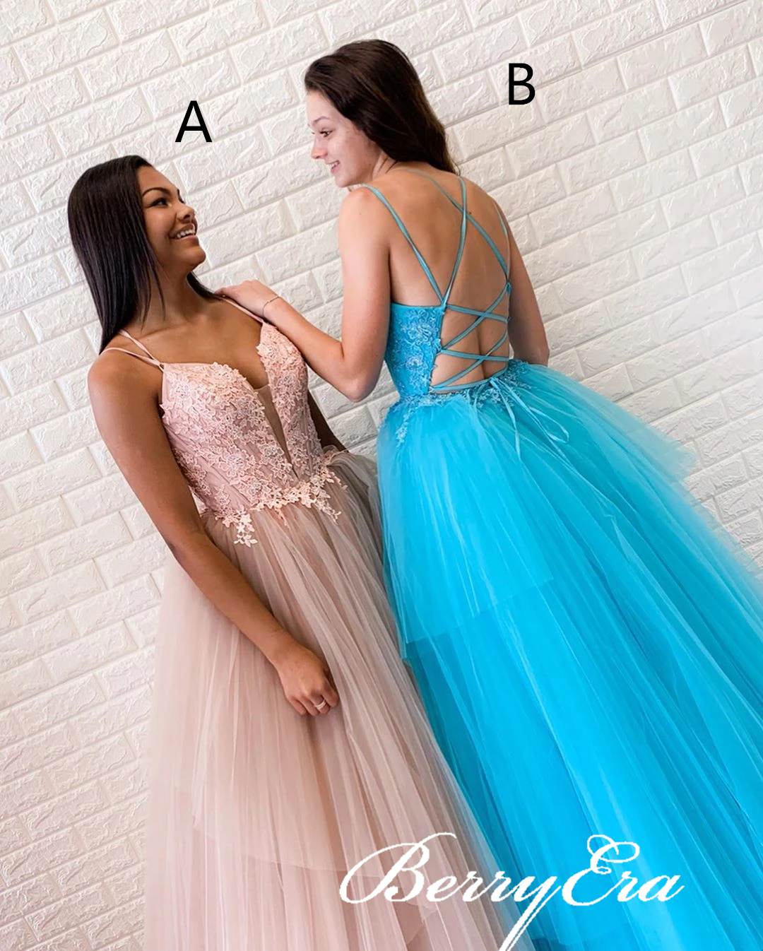 Lovely Lace Top Tulle Long Prom Dresses, Newest Prom Dresses, Popular Prom Dresses