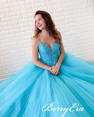 Lovely Lace Top Tulle Long Prom Dresses, Newest Prom Dresses, Popular Prom Dresses