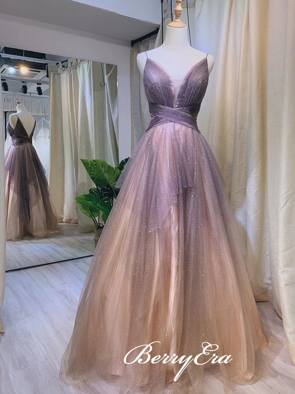 Spaghetti Long V-neck Sequin Tulle Prom Dresses, Lovely Gradient Prom Dresses, Newest Prom Dresses