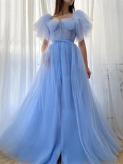 Pale Blue Color Popular A-line Prom Dresses, 2021 Girl Evening Party Dresses, Newest Long Prom Dresses