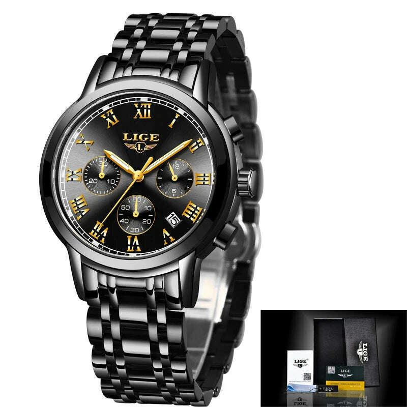 2022 LIGE Ladies Watches Top Brand Luxury Fashion Stainless Steel Watch Women Chronograph Quartz Clock Waterproof Wristwatch+Box