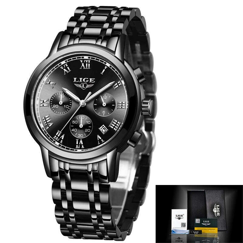 2022 LIGE Ladies Watches Top Brand Luxury Fashion Stainless Steel Watch Women Chronograph Quartz Clock Waterproof Wristwatch+Box