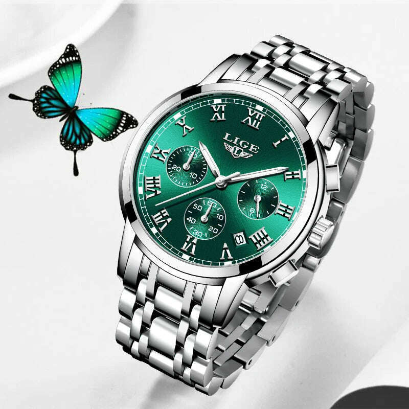 2022 LIGE Ladies Watches Top Brand Luxury Fashion Stainless Steel Watch Women Chronograph Quartz Clock Waterproof Wristwatch+Box