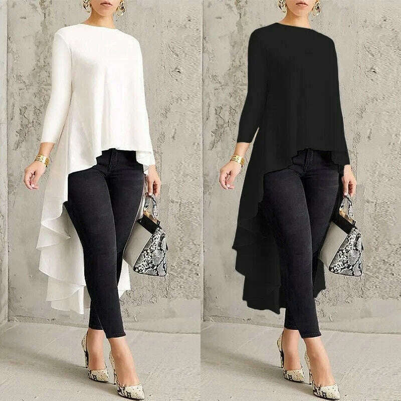 2022 New Women Fashion Long Sleeve Asymmetrical Waterfall Shirt Tops Female High Low Dress Tops Large Size XS-8XL