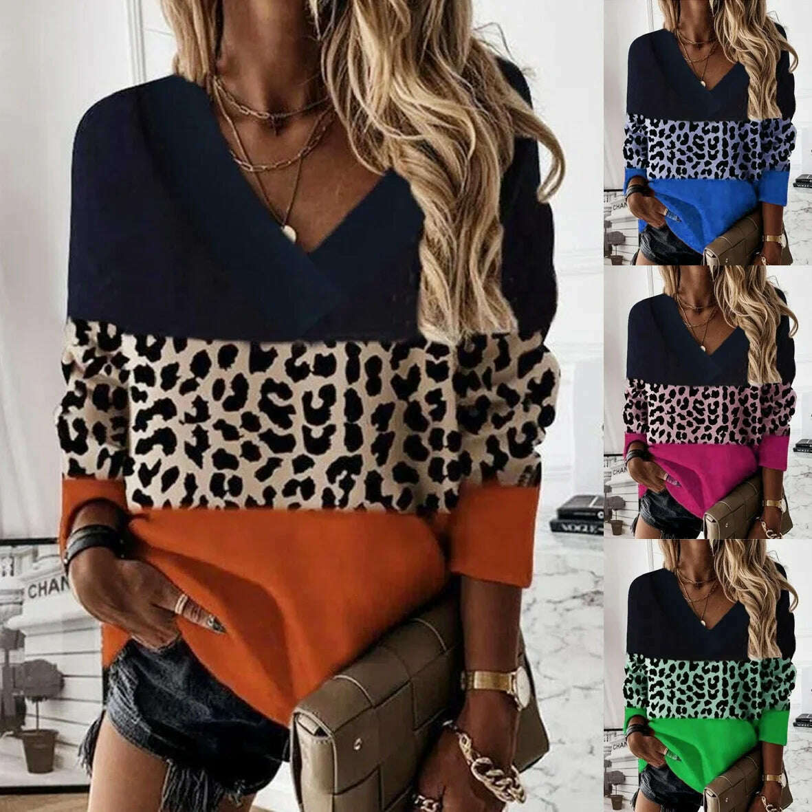 2022 Women Fashion Plus Size Loose Casual Blouses Long Sleeve Leopard Print Floral Print V Neck Spring And Autumn Tops