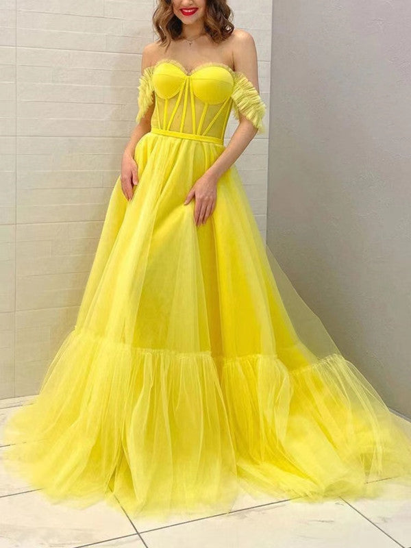 Off The Shoulder Yellow Color Long Prom Dresses, A-line Prom Dresses, Tulle 2022 Newest Prom Dresses