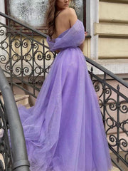 Off The Shoulder Shiny Long Prom Dresses, A-line Slit Evening Party Dresses, Purple 2022 Newest Prom Dresses