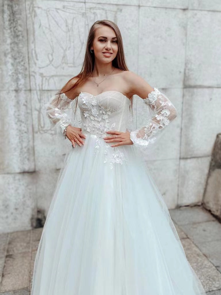 Detachable Sleeves A-line Wedding Dresses, Popular Lace Wedding Gowns, 2022 Newest Long Prom Dresses