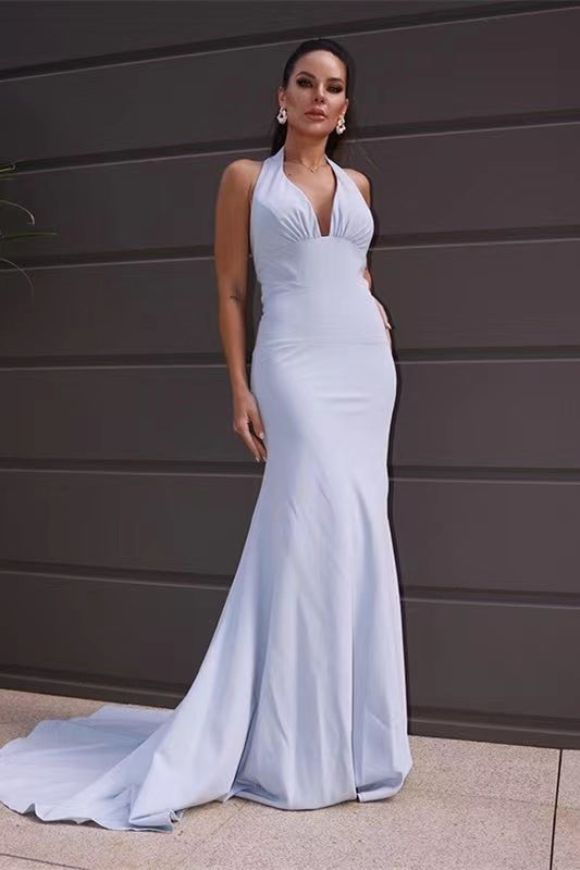 Halter Simple Design 2022 Newest Long Prom Dresses, Mermaid Evening Party Dresses, Wedding Bridesmaid Dresses