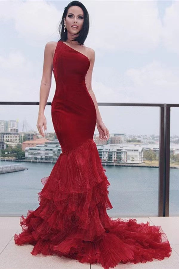 One Shoulder Burgundy Mermaid 2022 Newest Prom Dresses, Fashion Unique Long Prom Dresses, Wedding Dresses