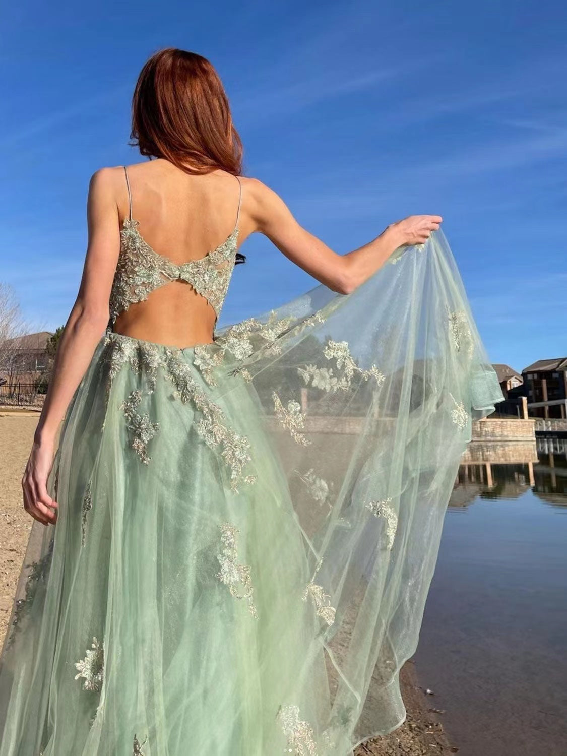 Elegant Lace Tulle Long Prom Dresses, A-line 2022 Newest Long Prom Dresses, Evening Party Dresses