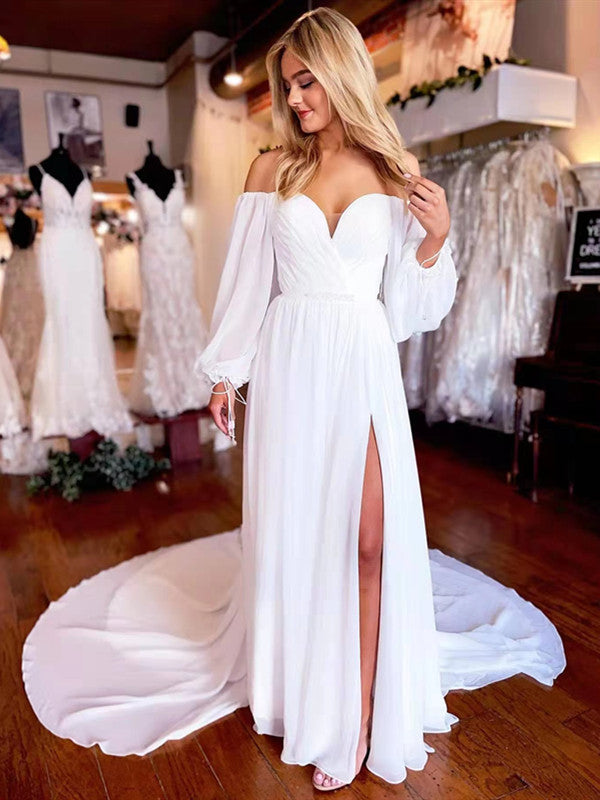 Off The Shoulder Long Sleeves Wedding Dresses, 2022 Simple Wedding Gowns, Newest Long Prom Dresses