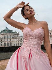 Sweetheart Pink Color Wedding Dresses, A-line Satin Lace Bridal Gowns, Newest Long Prom Dresses