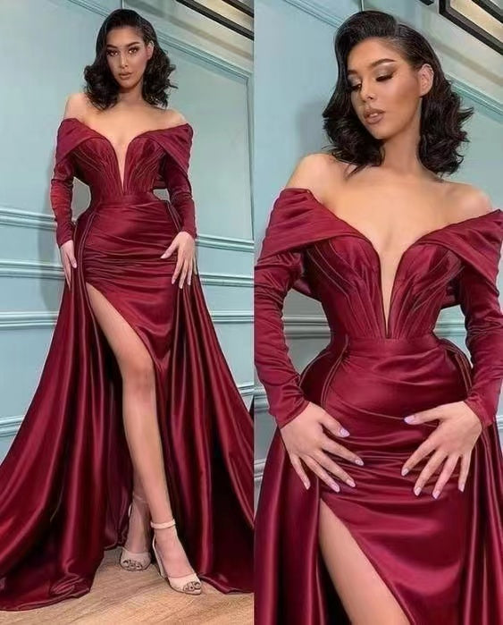 V-neck Long Sleeves Newest Prom Dresses, Fashion Wedding Guest Dresses, 2022 Long Slit Prom Dresses