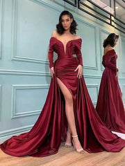 V-neck Long Sleeves Newest Prom Dresses, Fashion Wedding Guest Dresses, 2022 Long Slit Prom Dresses