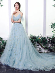 Popular Stars Fashion Wedding Dresses, A-line Tulle Wedding Dresses, Newest Long Prom Dresses