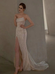 Strapless Shiny Sequins Wedding Dresses, Newest Long Prom Dresses, High Side Slit Wedding Dresses